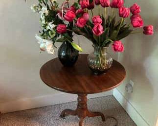 Round Side Table and Two Bouquets Of Silk Flowers
