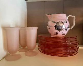 Pink Dessert Plates, Frosted Parfait Glasses And Ceramic Pitcher