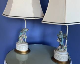 Pair Of Andrea By Sadek Porcelain Bisque Bird Lamps