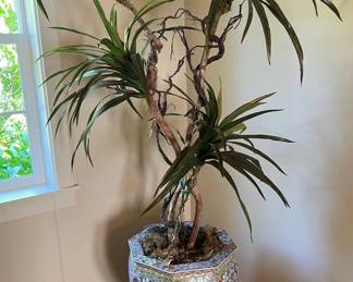 Large Colorful Asian Pot With Realistic Artificial Tree