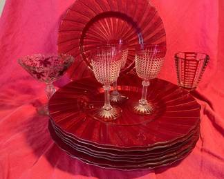 Iridescent Red Chargers And Glass