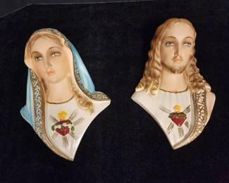 Vintage Jesus and Mary Chalkware Wall Plaques