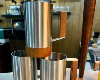 3 Mid Century Stainless and Teak beer glasses 