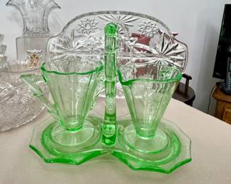 Vtg. Uranium cream & sugar w/caddy