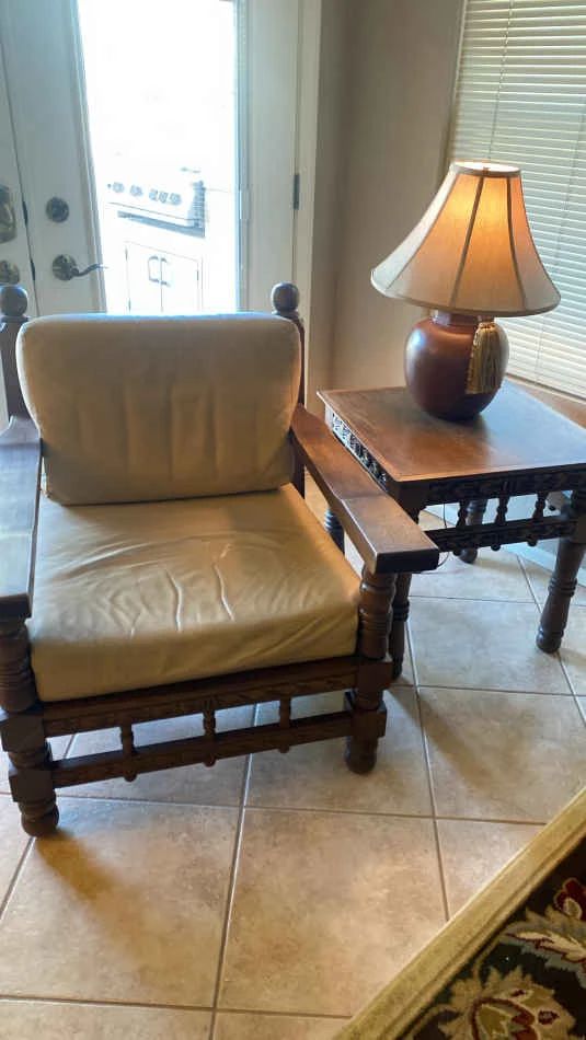 1 Hand Crafted Spanish Mediterranean Wood Chair, End Table And Lamp