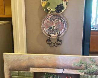 A Large 3D Looking Out The Window Hand Painted Picture And Three Plates On The Plate Holder
