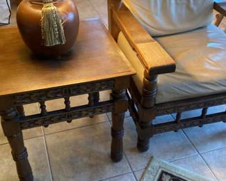 2 Hand Carved Spanish Mediterranean Mahogany Wood Arm Chair, End Table And Lamp