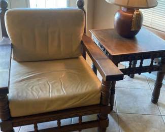 1 Hand Crafted Spanish Mediterranean Wood Chair, End Table And Lamp
