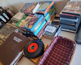 DVDs, records, nice Longaberger basket