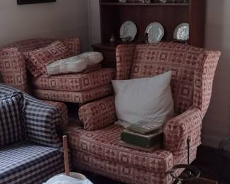 Set of two Red/white wingback chairs with single ottoman $250