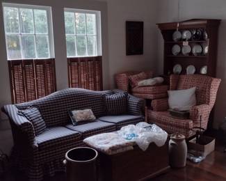 Sofa - Blue Plaid $200 Set of two Red/white wingback chairs with single ottoman $250