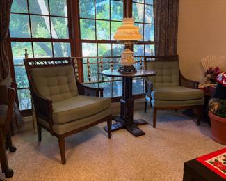 Art Deco style lamp/accent table; vintage teal upholstered chairs