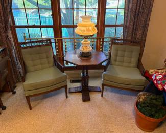 Art Deco style lamp/accent table; vintage teal upholstered chairs