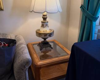 Antique table lamp; white with gold leaf accents; metal base