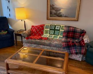 Vintage Throws, Glass and Wood Coffee table
