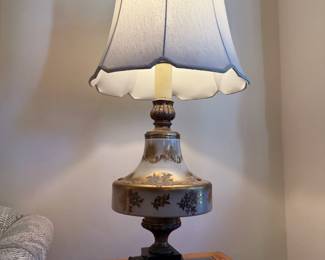 Antique table lamp; white with gold leaf accents; metal base
