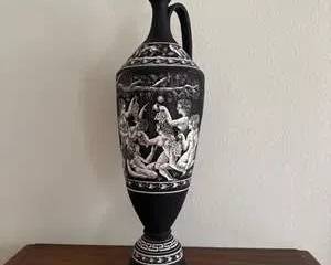 Elegant Black and White Greek Terra Cotta Vase with Classical Motifs