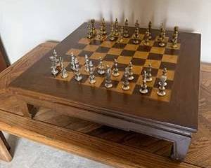 Vintage Wooden Chess Set with Brass and Silver-plated Pieces