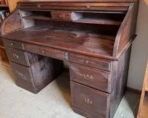 Vintage Wooden Rolltop Desk with Multiple Drawers