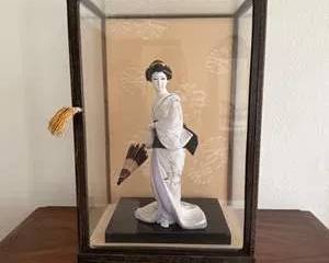 Elegant Japanese Figurine in Display Case with Umbrella