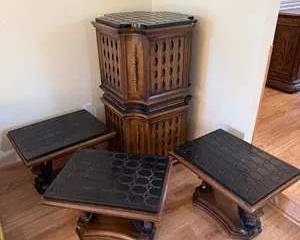 Two Mid Century Wood and Three Black Tabletops Nesting Tables