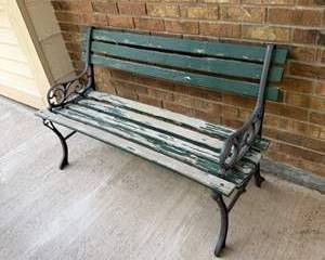 Vintage Green and White Wooden Garden Bench with Ornate Metal Arms