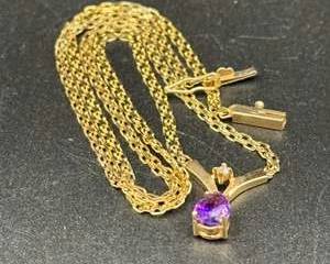 14k Yellow Gold Amethyst Diamond Necklace, Pendant and Chain, 3 Grams