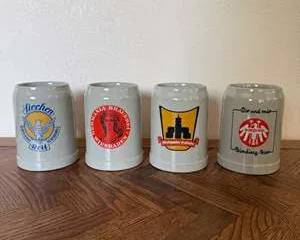 Set of Vintage German Beer Stein Mugs with Colorful Brewery Logos