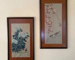 Framed Traditional Asian Bird and Flower Art Set