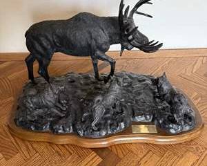 Bronze Moose Sculpture with - The Hunt by T. Acevedo