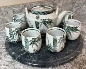 Ceramic Bamboo Tea Set with Green and White Granite Tray