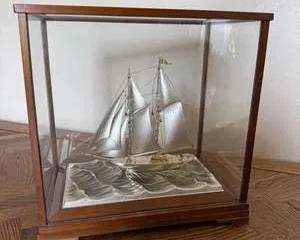 Sterling Silver Model Sailing Ship with Glass Case