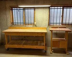 Pair of Home-Made Wooden Workbenches with Fluorescent Hanging Light