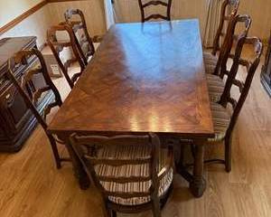 Vintage Century Furniture Dining Set with Parquetry Table and Eight Chairs