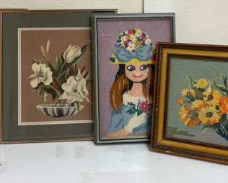 Two Framed Cross Stitch Artworks, Two Matching Framed Floral Artworks