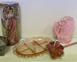 Art Nouveau Vase, Glass Flower, Pink Swan Vase, Floral Lidded Trinket Dish, Pink Glass Tray