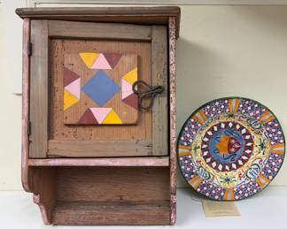 Handpainted Decor Paper Mache Bowl By Linda Belden, Wood Painted Cabinet