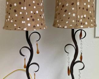 Pair of Decorative Metal Table Lamps with Amber Glass Detail