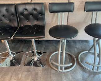 Black Vinyl Chrome and Aluminum Bar Stools, 2 Sets