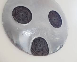 Don Freedman, American (Born 1937). Mid-century circular textured aluminum brutalist wall art with three corrugated patinated copper inserts and wood back, initialed 'D. F.' near the edge. Measures approx. 42" round and 1" deep.
