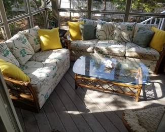 Rattan conversation set with glass top coffee table