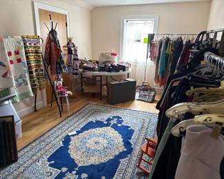 Shoes new in boxes size 7, good name brand clothes like new, quilts, blue Asian wool rug