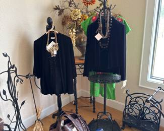 Vintage Bags, Statement Necklaces, Velvet jackets, Wrought Iron Fireplace tool holder, Wrought Iron Magazine Rack