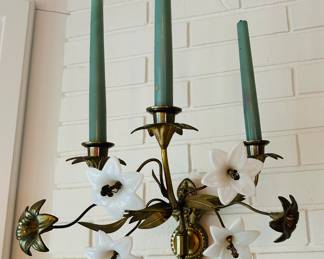 18th C Brass French Sconces (pair) with Opaline Glass Flowers