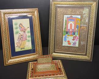 Traditional Persian qalamdan & framed mini paintings