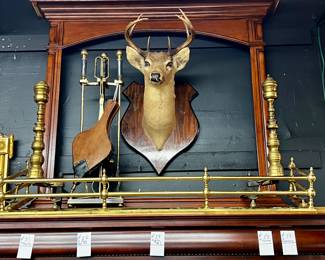 Fireplace Mantle, Fireplace tool set, Vintage Whitetail deer mount, Fireplace Fender, Andirons - all separate lots