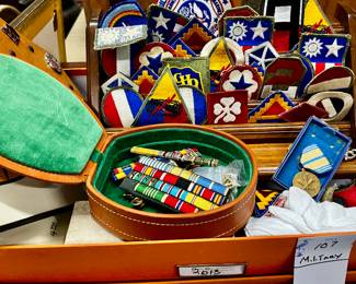 Lot of military  ribbons, patches, plaques, and more