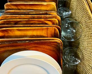 Set of porcelain plates, wooden plates, goblets, rattan placemats