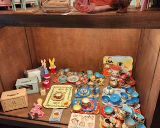 Vintage Lithographed Tin Tea Sets and Doll House Furniture