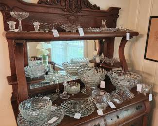 Fostoria American Glassware, Antique Tiger Oak Buffet